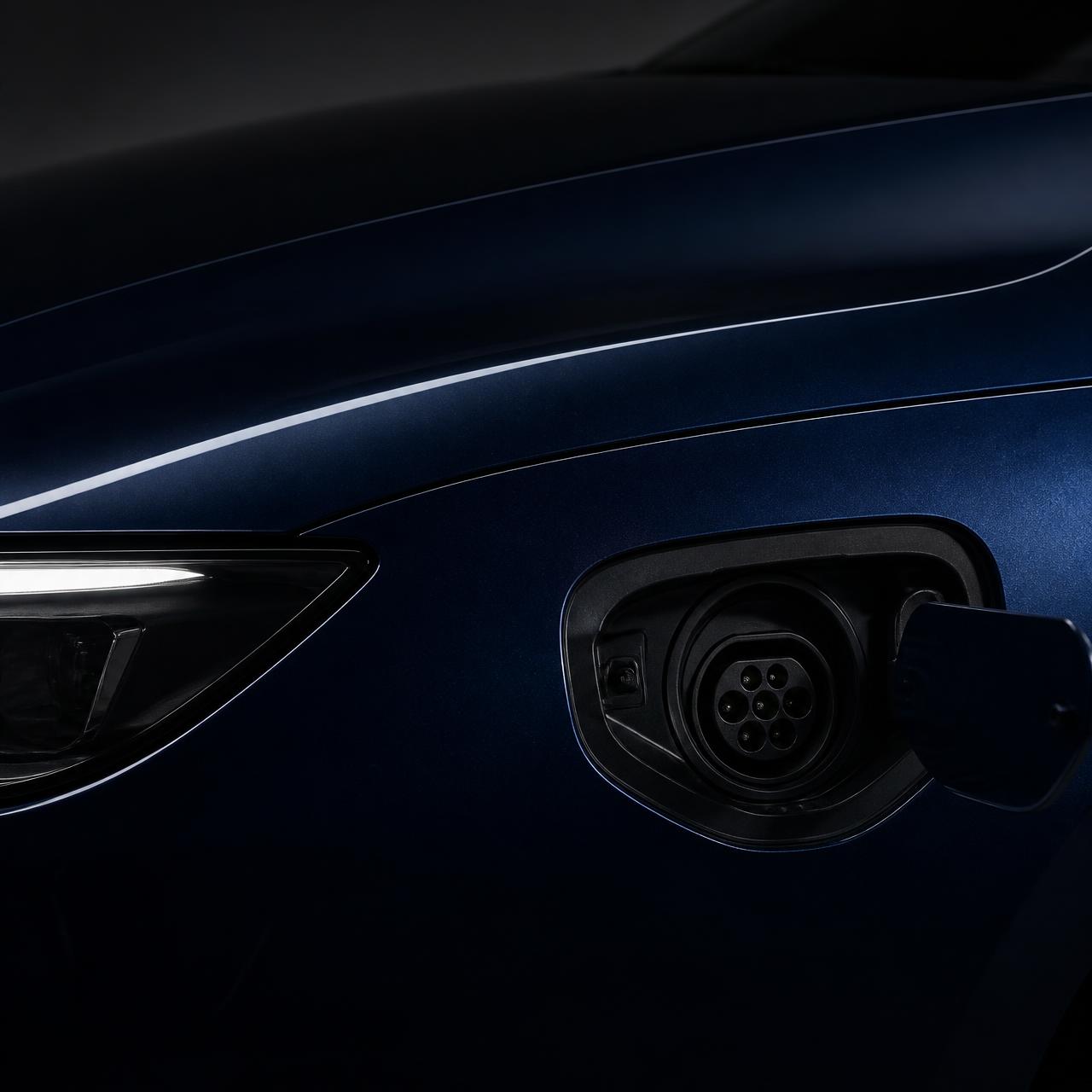Detail of a modern electric vehicle front panel and charging port